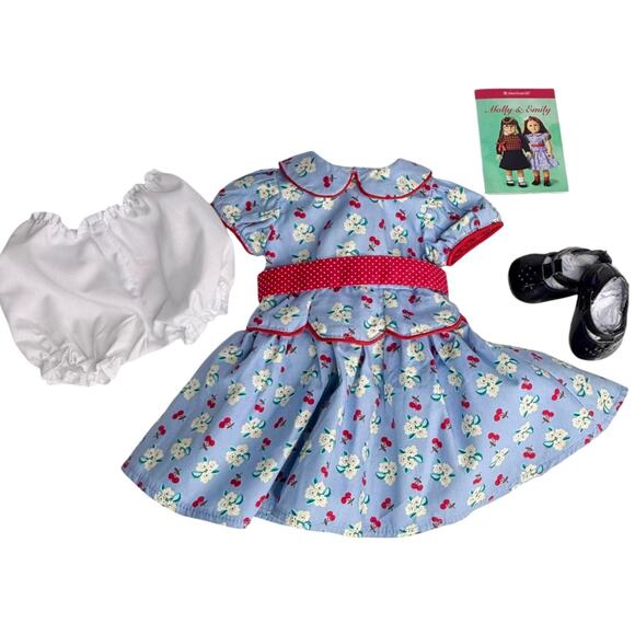 American Girl Emily Meet Outfit Cherry Dress Shoes Socks Bloomer Panties Cards - Picture 4 of 7